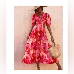 SHEIN Dress, NWOT, size XL, gorgeous pink/red floral pattern with cut out waist